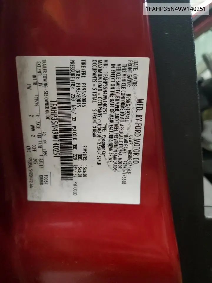 1FAHP35N49W140251 2009 Ford Focus Se