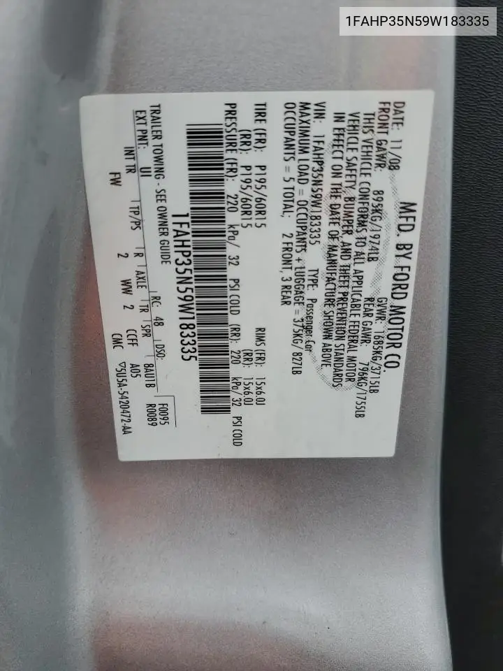 1FAHP35N59W183335 2009 Ford Focus Se