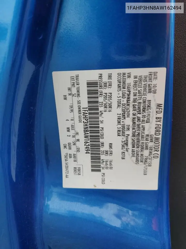 1FAHP3HN8AW162494 2010 Ford Focus Sel