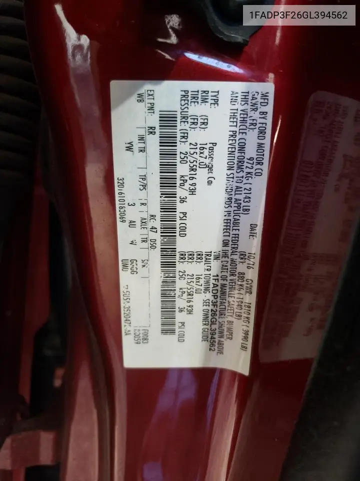 1FADP3F26GL394562 2016 Ford Focus Se