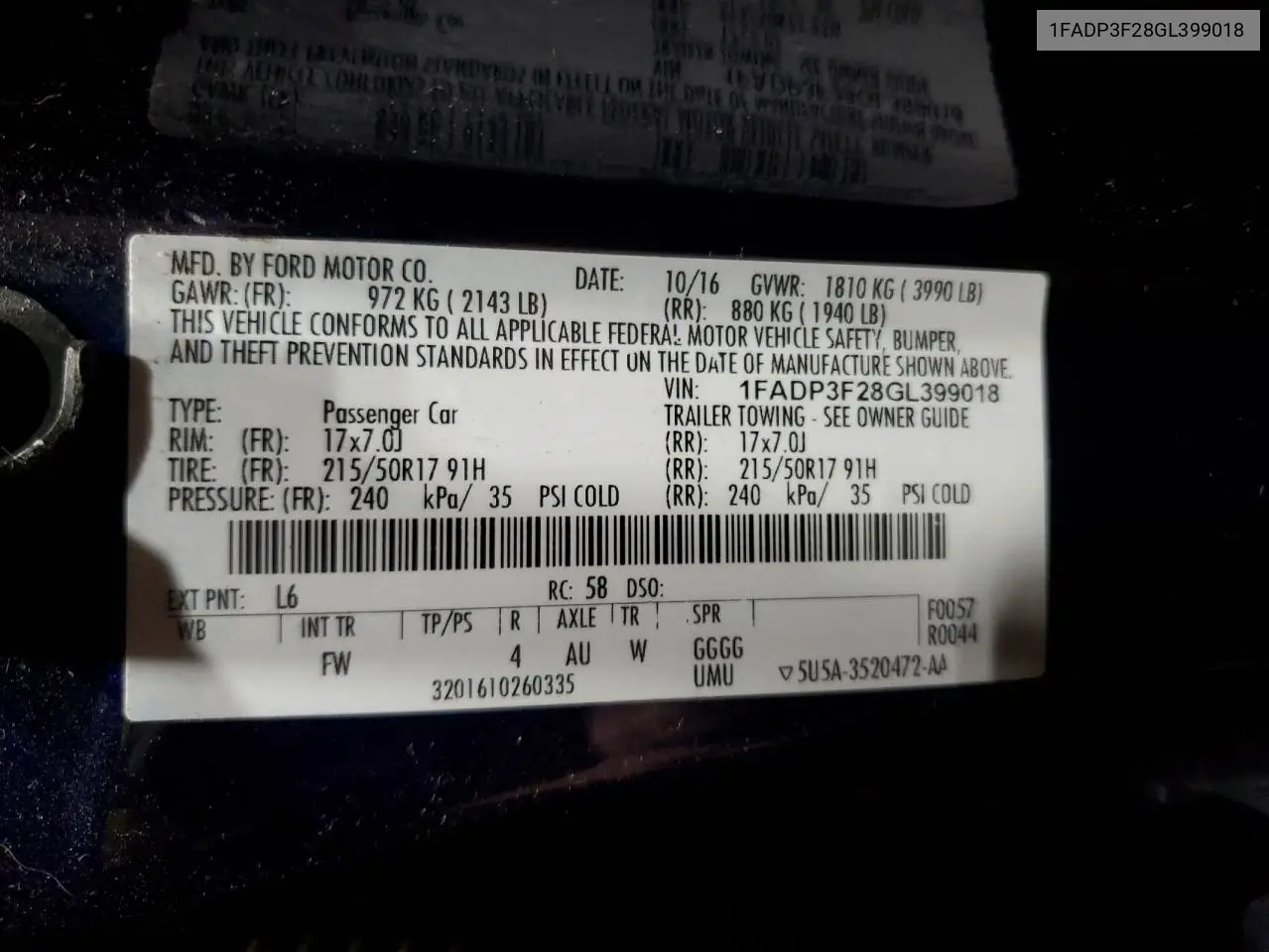 1FADP3F28GL399018 2016 Ford Focus Se