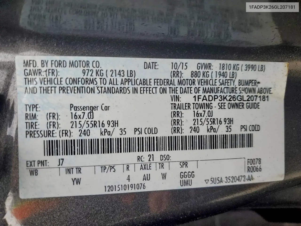1FADP3K26GL207181 2016 Ford Focus Se