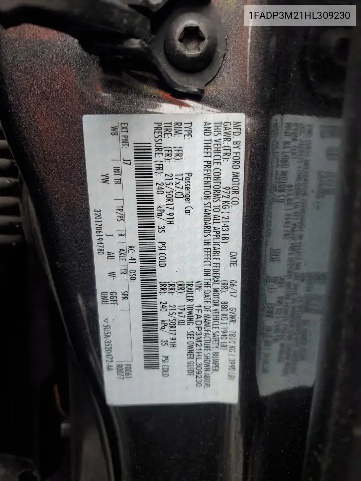 1FADP3M21HL309230 2017 Ford Focus Sel