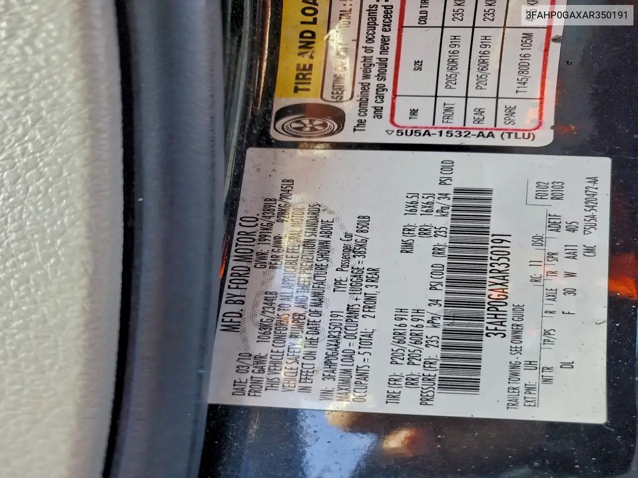 3FAHP0GAXAR350191 2010 Ford Fusion S