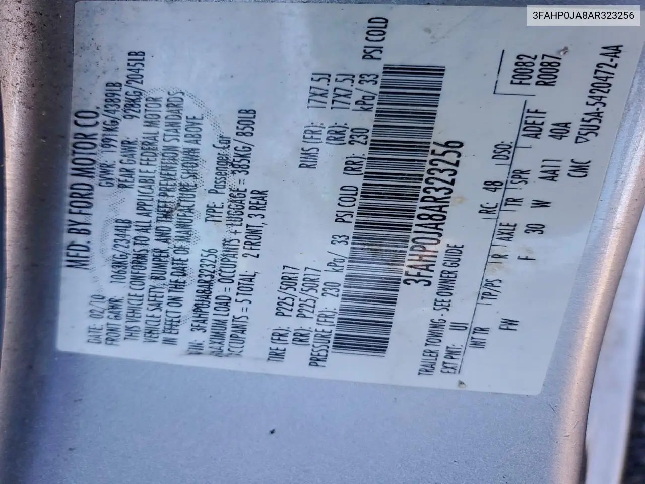 3FAHP0JA8AR323256 2010 Ford Fusion Sel