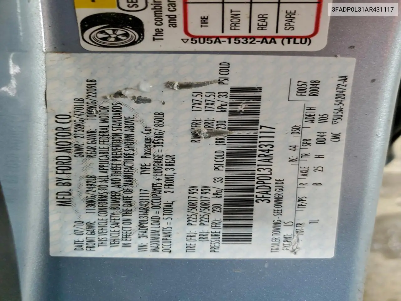 3FADP0L31AR431117 2010 Ford Fusion Hybrid