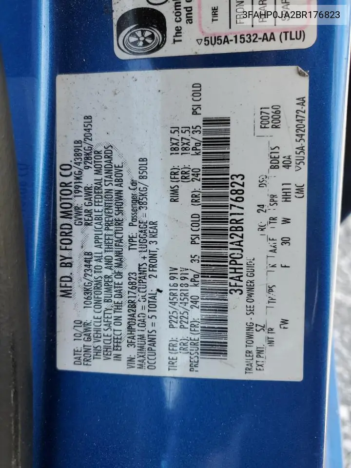 3FAHP0JA2BR176823 2011 Ford Fusion Sel