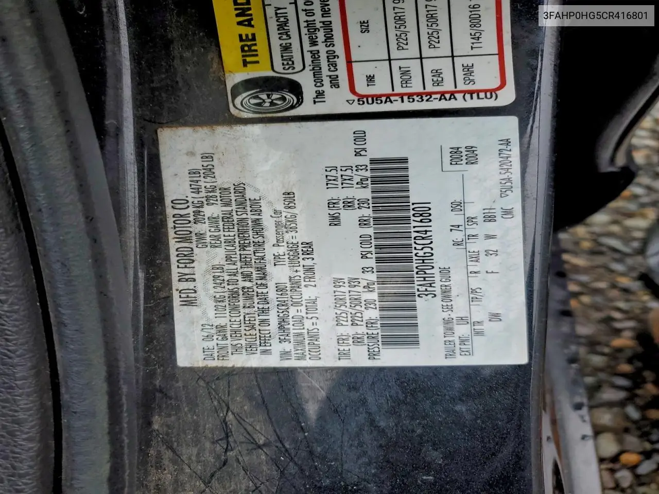 3FAHP0HG5CR416801 2012 Ford Fusion Se