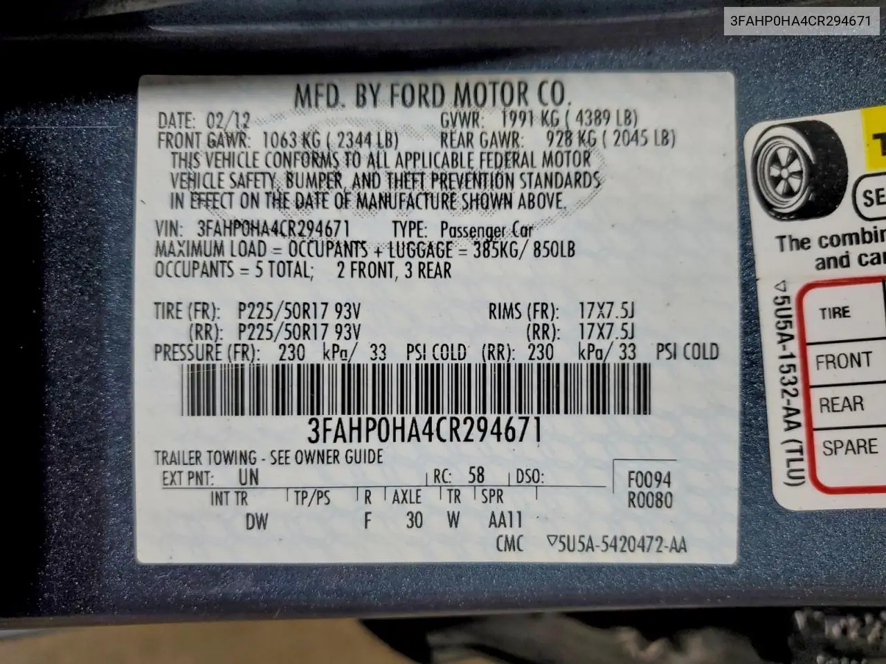 3FAHP0HA4CR294671 2012 Ford Fusion Se