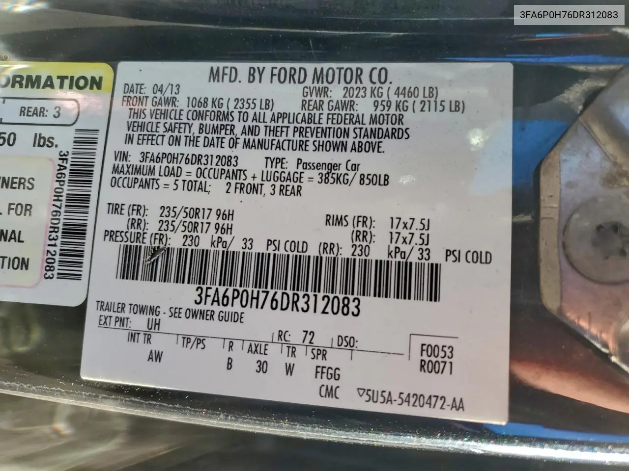 3FA6P0H76DR312083 2013 Ford Fusion Se