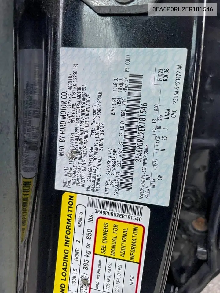 3FA6P0RU2ER181546 2014 Ford Fusion Titanium Hev
