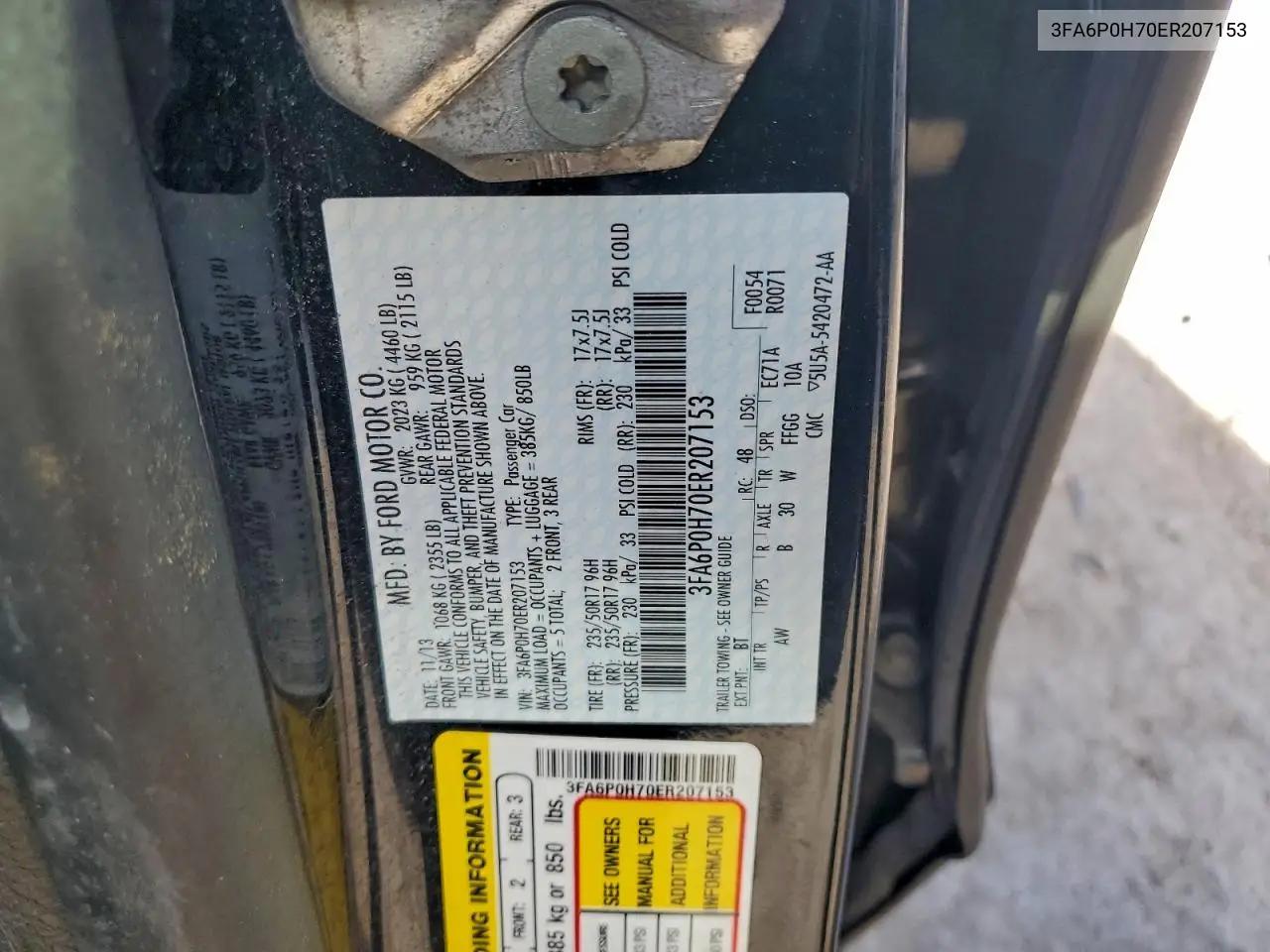 3FA6P0H70ER207153 2014 Ford Fusion Se