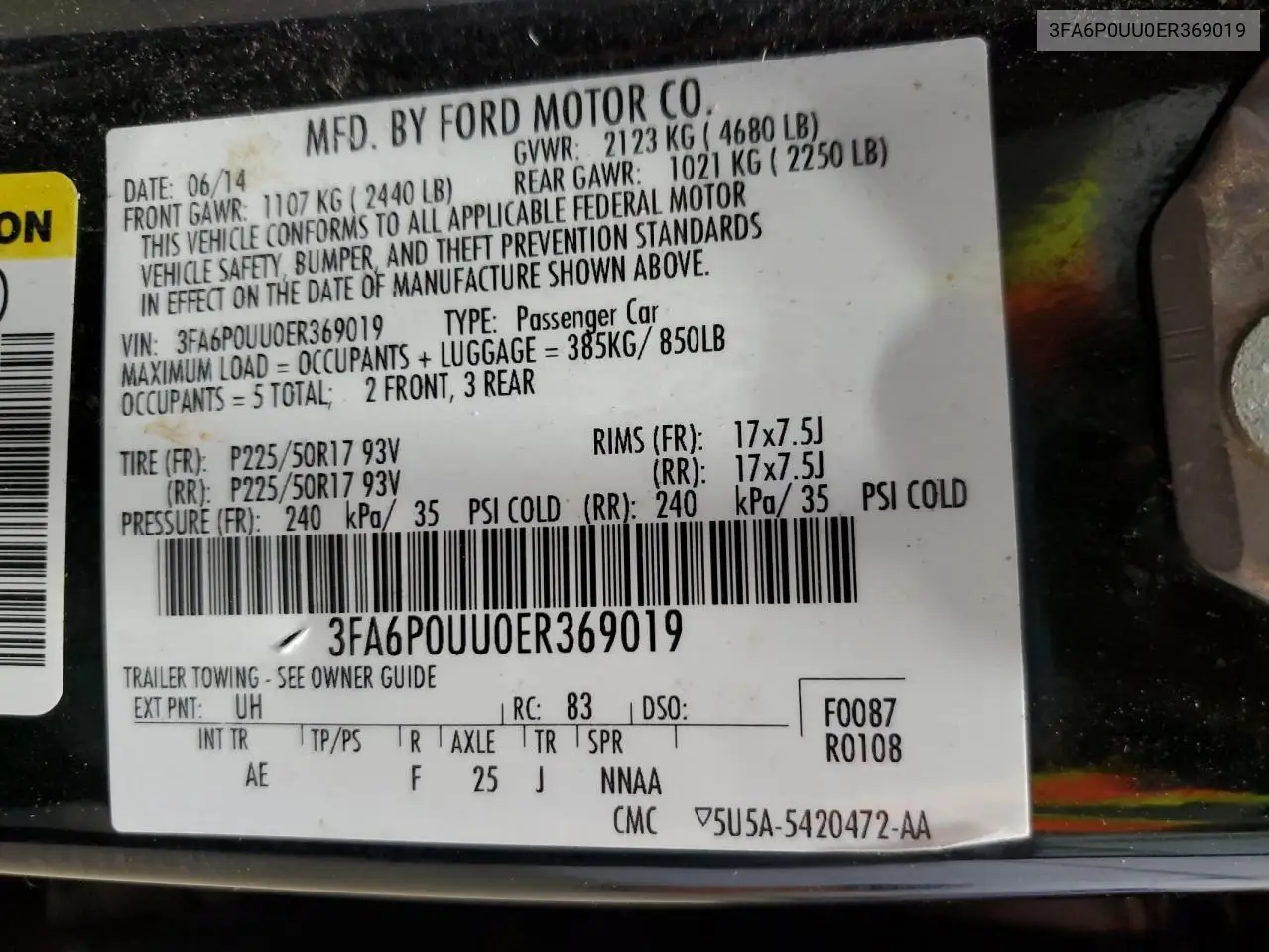 3FA6P0UU0ER369019 2014 Ford Fusion S Hybrid