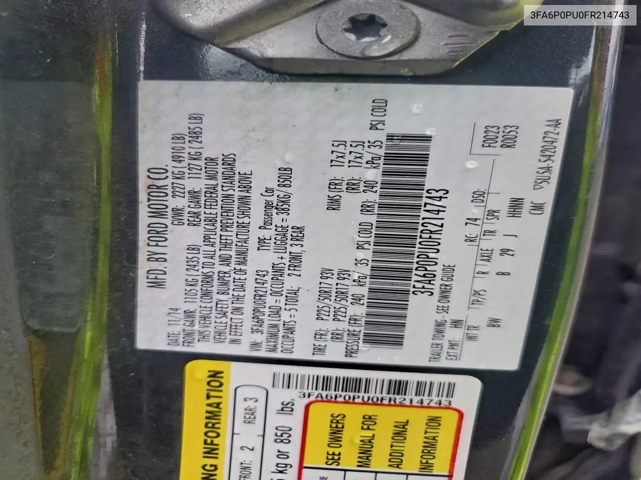 3FA6P0PU0FR214743 2015 Ford Fusion Se Phev