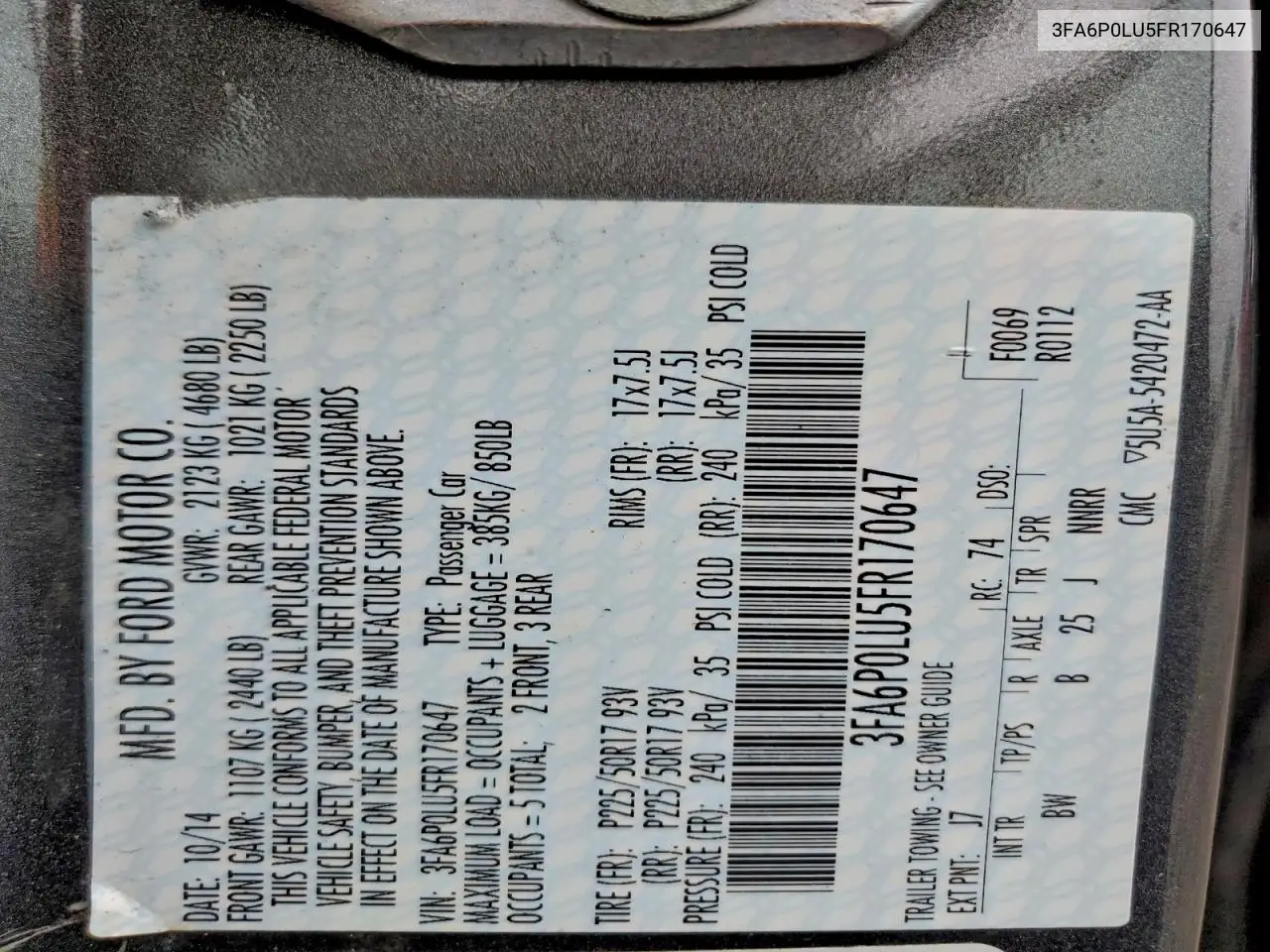 3FA6P0LU5FR170647 2015 Ford Fusion Se Hybrid