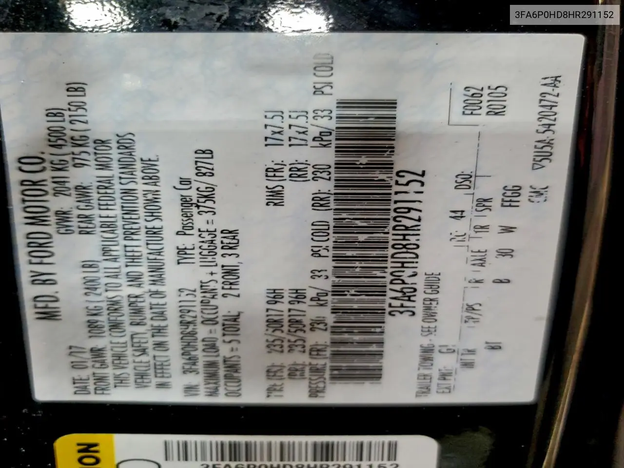3FA6P0HD8HR291152 2017 Ford Fusion Se