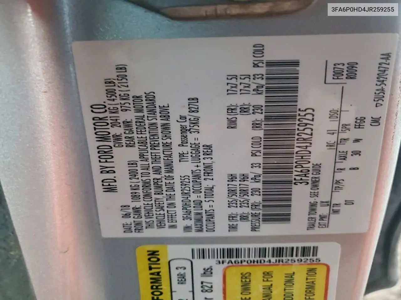 3FA6P0HD4JR259255 2018 Ford Fusion Se