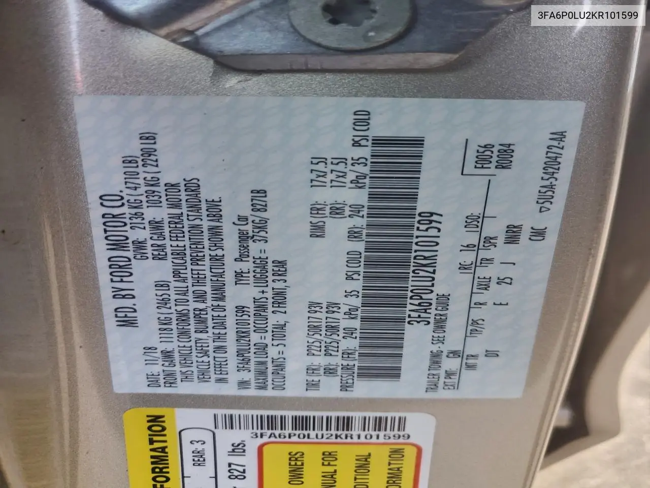 3FA6P0LU2KR101599 2019 Ford Fusion Se