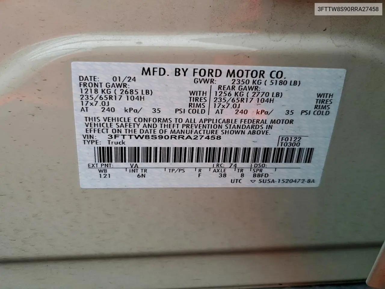 3FTTW8S90RRA27458 2024 Ford Maverick Lariat