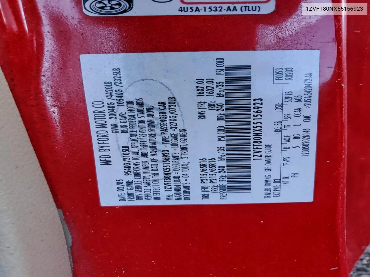 1ZVFT80NX55156923 2005 Ford Mustang