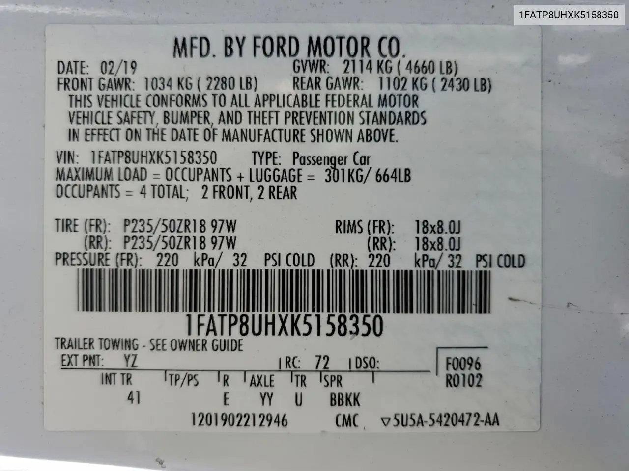 1FATP8UHXK5158350 2019 Ford Mustang