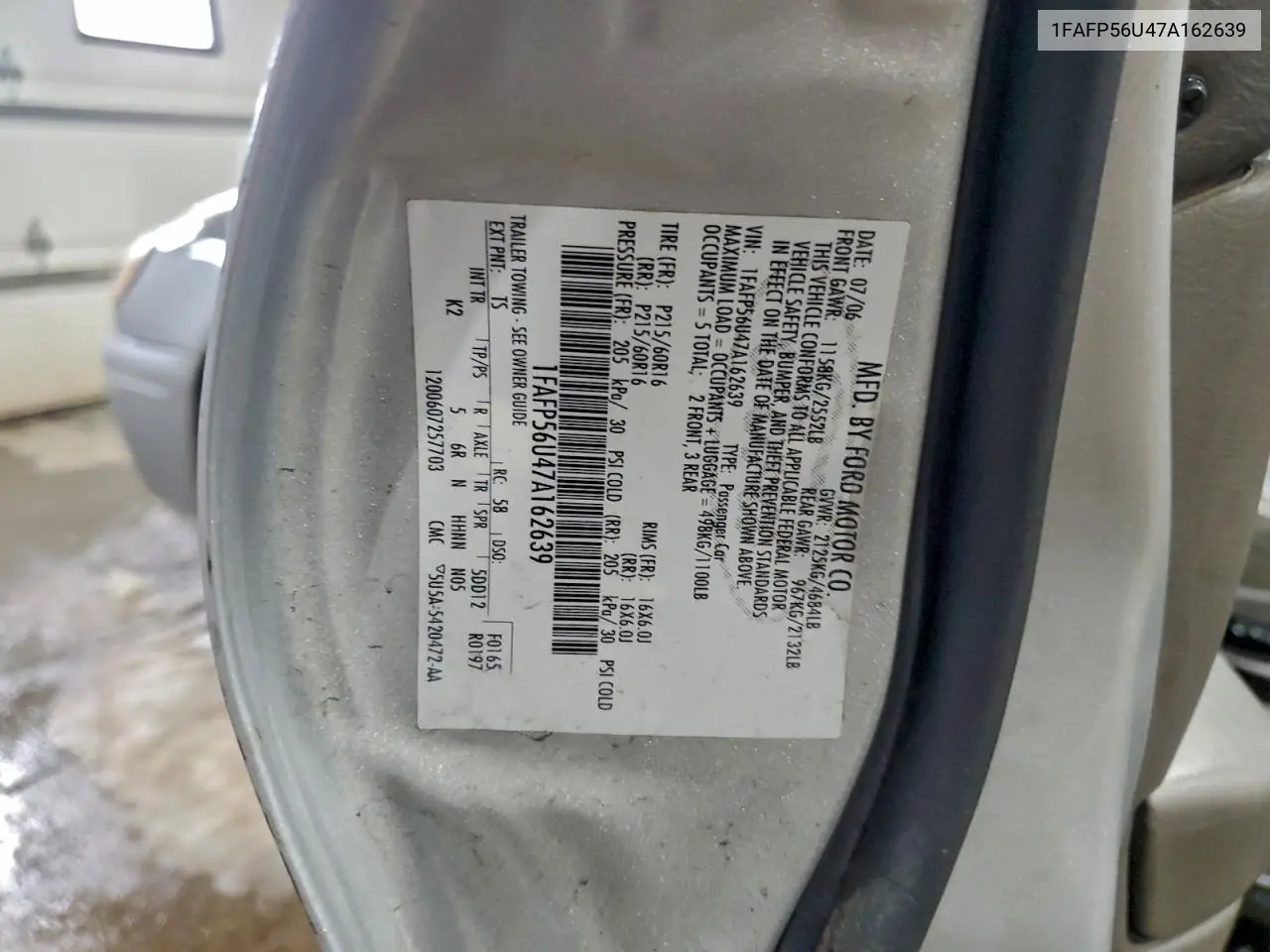 1FAFP56U47A162639 2007 Ford Taurus Sel
