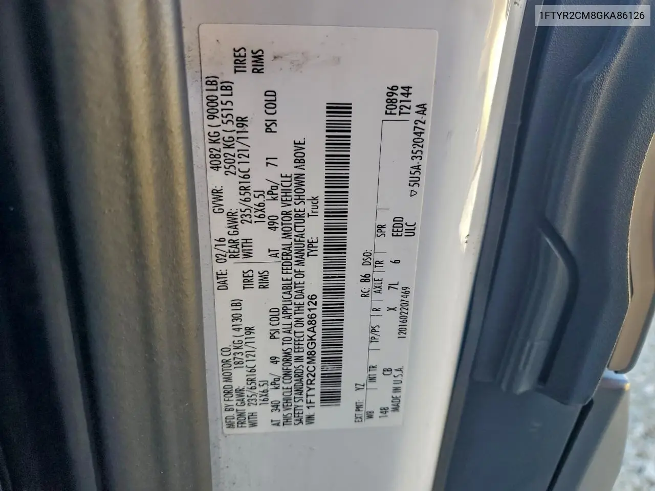 1FTYR2CM8GKA86126 2016 Ford Transit T-250