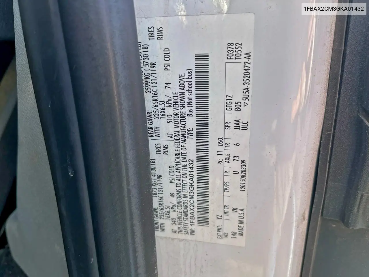 1FBAX2CM3GKA01432 2016 Ford Transit T-350