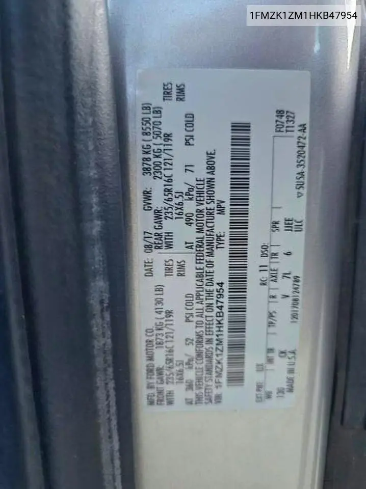 1FMZK1ZM1HKB47954 2017 Ford Transit T-150