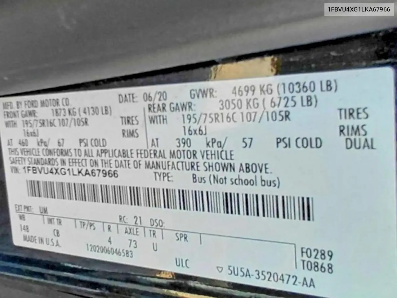 1FBVU4XG1LKA67966 2020 Ford Transit T-350 Hd