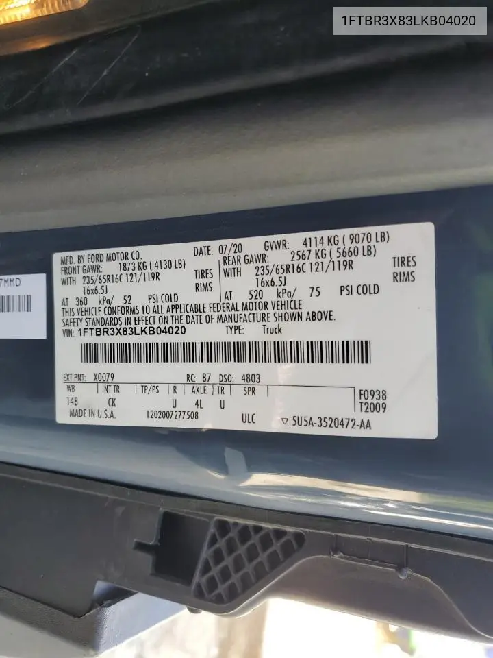1FTBR3X83LKB04020 2020 Ford Transit T-250