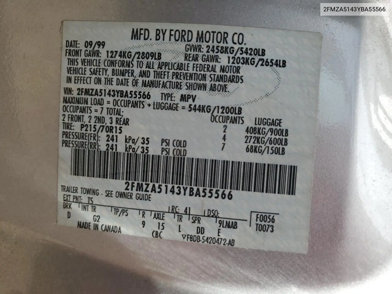 2FMZA5143YBA55566 2000 Ford Windstar Lx
