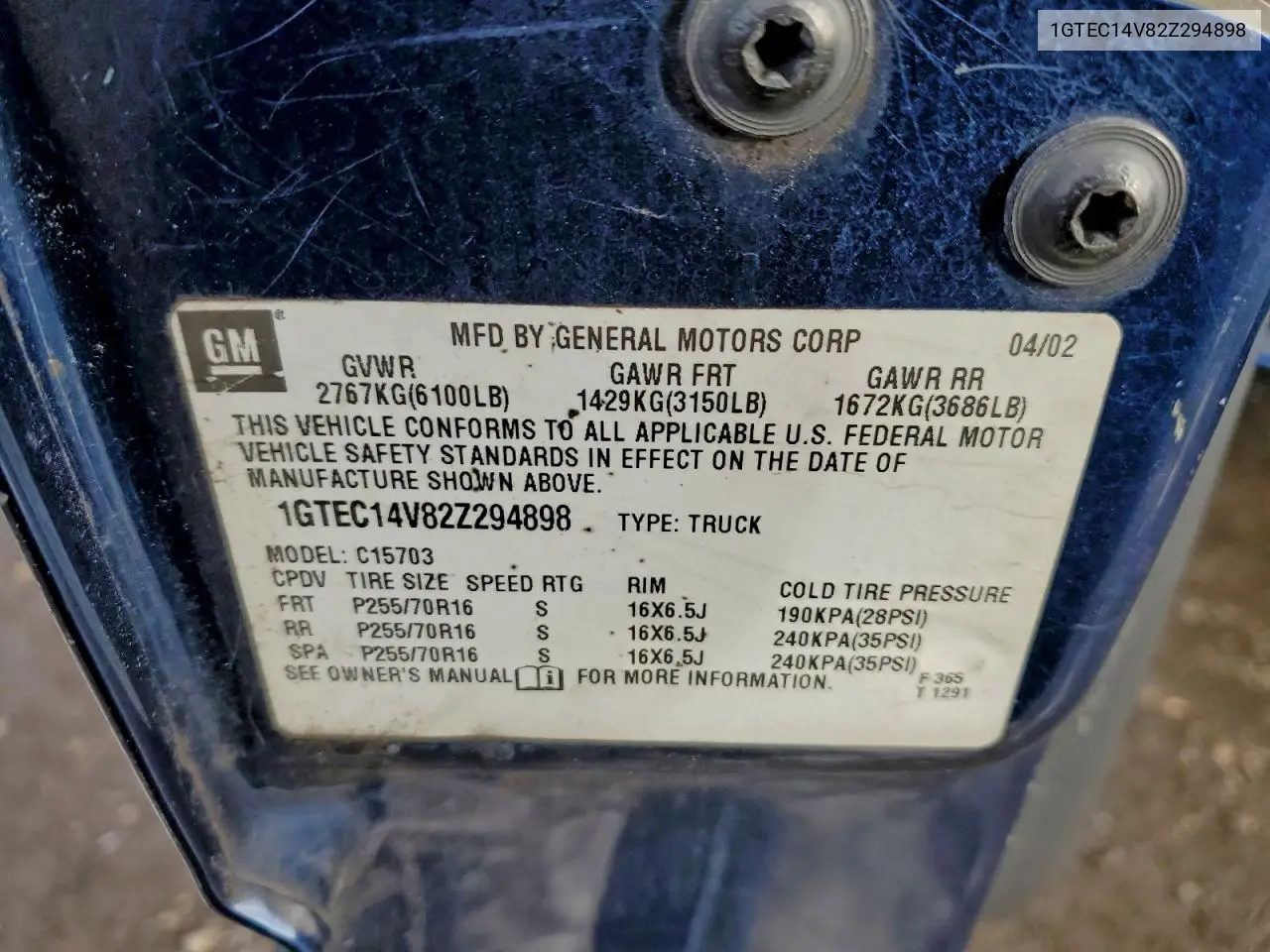 1GTEC14V82Z294898 2002 GMC New Sierra C1500