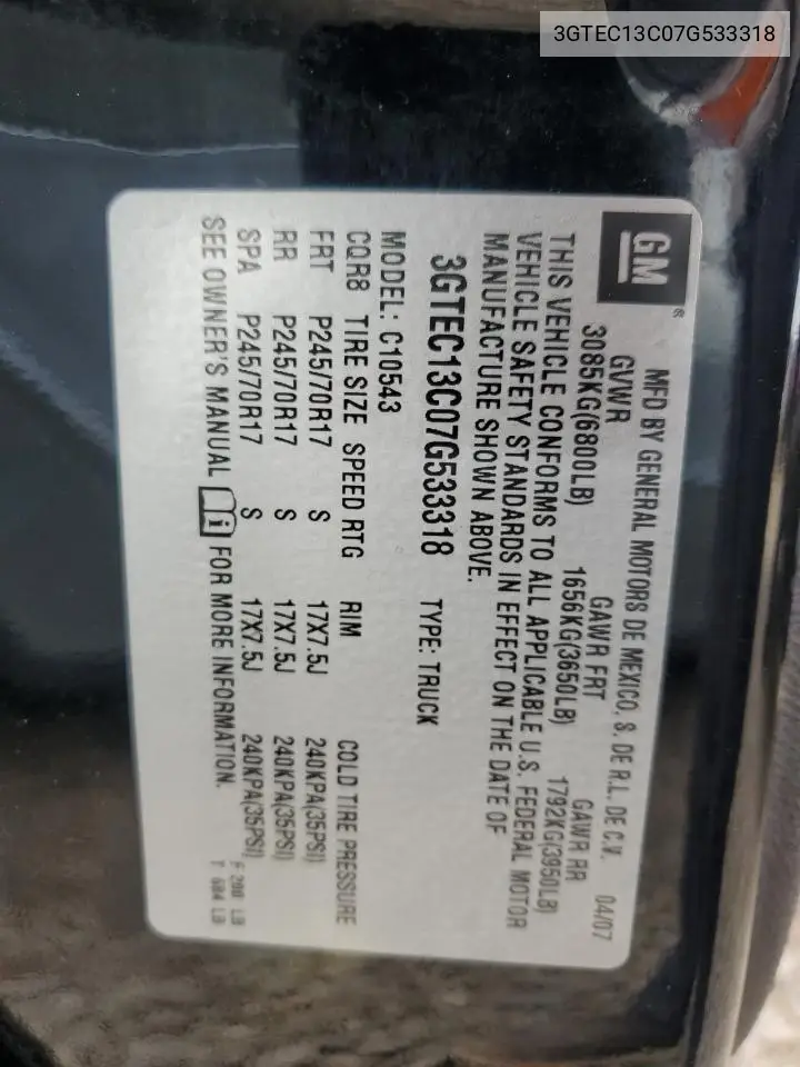 3GTEC13C07G533318 2007 GMC New Sierra C1500