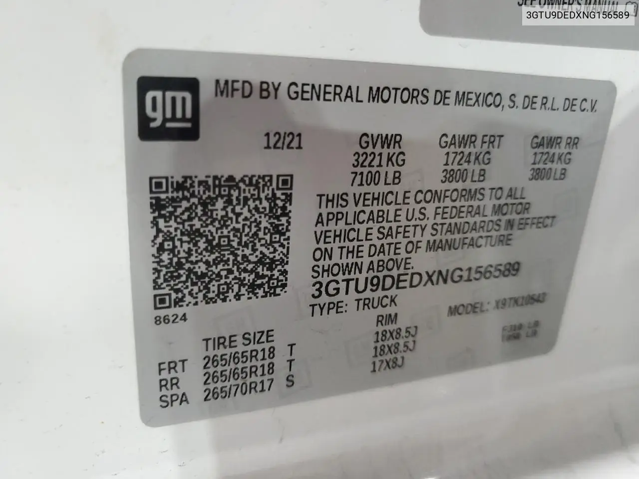 3GTU9DEDXNG156589 2022 GMC Sierra Limited K1500 Slt
