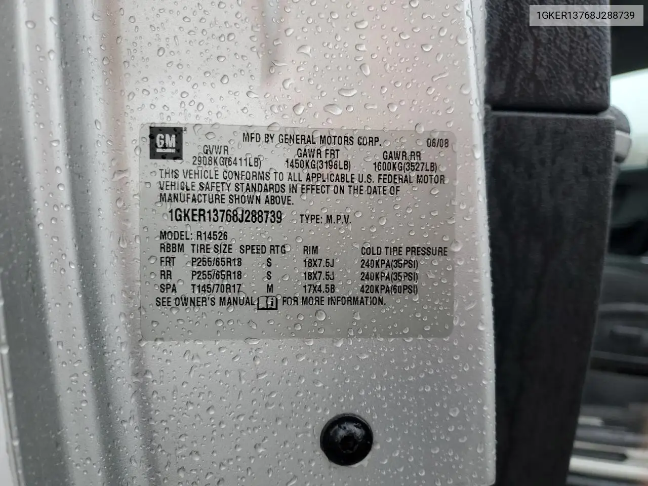 1GKER13768J288739 2008 GMC Acadia Sle