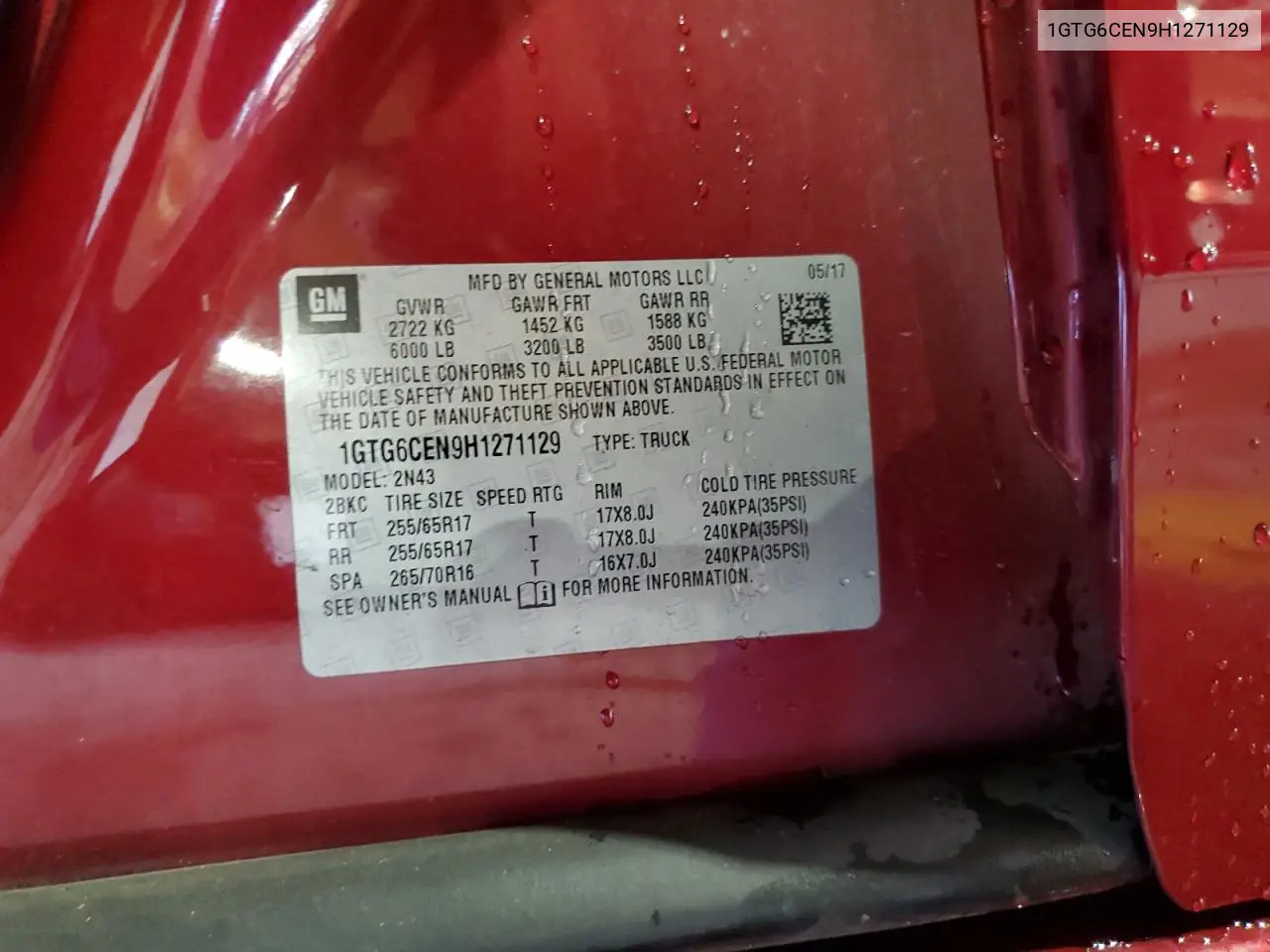 1GTG6CEN9H1271129 2017 GMC Canyon Sle