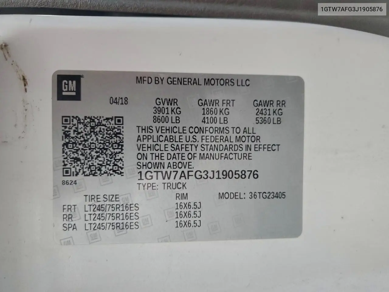 1GTW7AFG3J1905876 2018 GMC Savana G2500