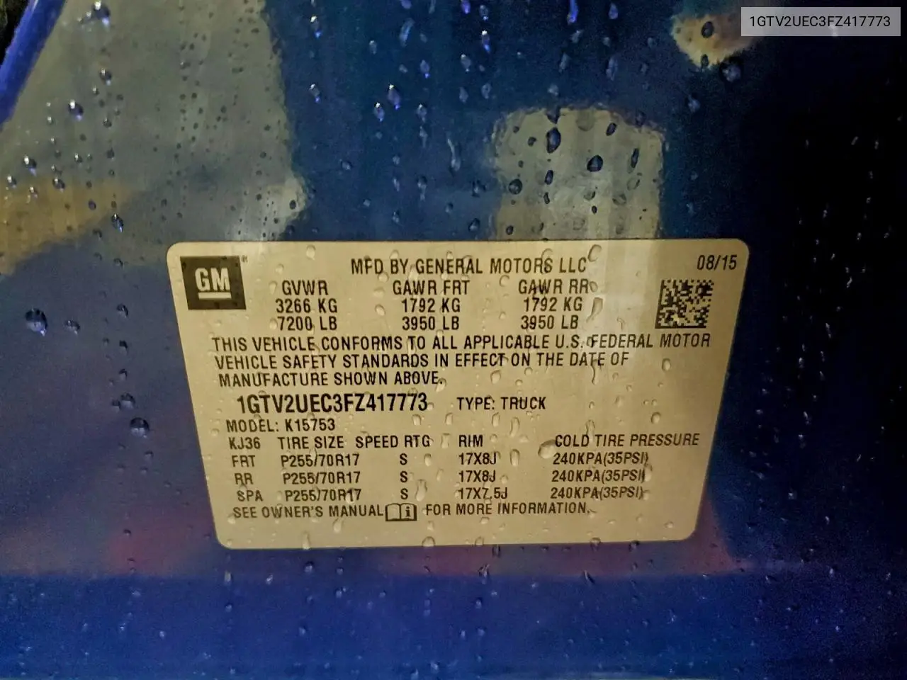 1GTV2UEC3FZ417773 2015 GMC Sierra K1500 Sle