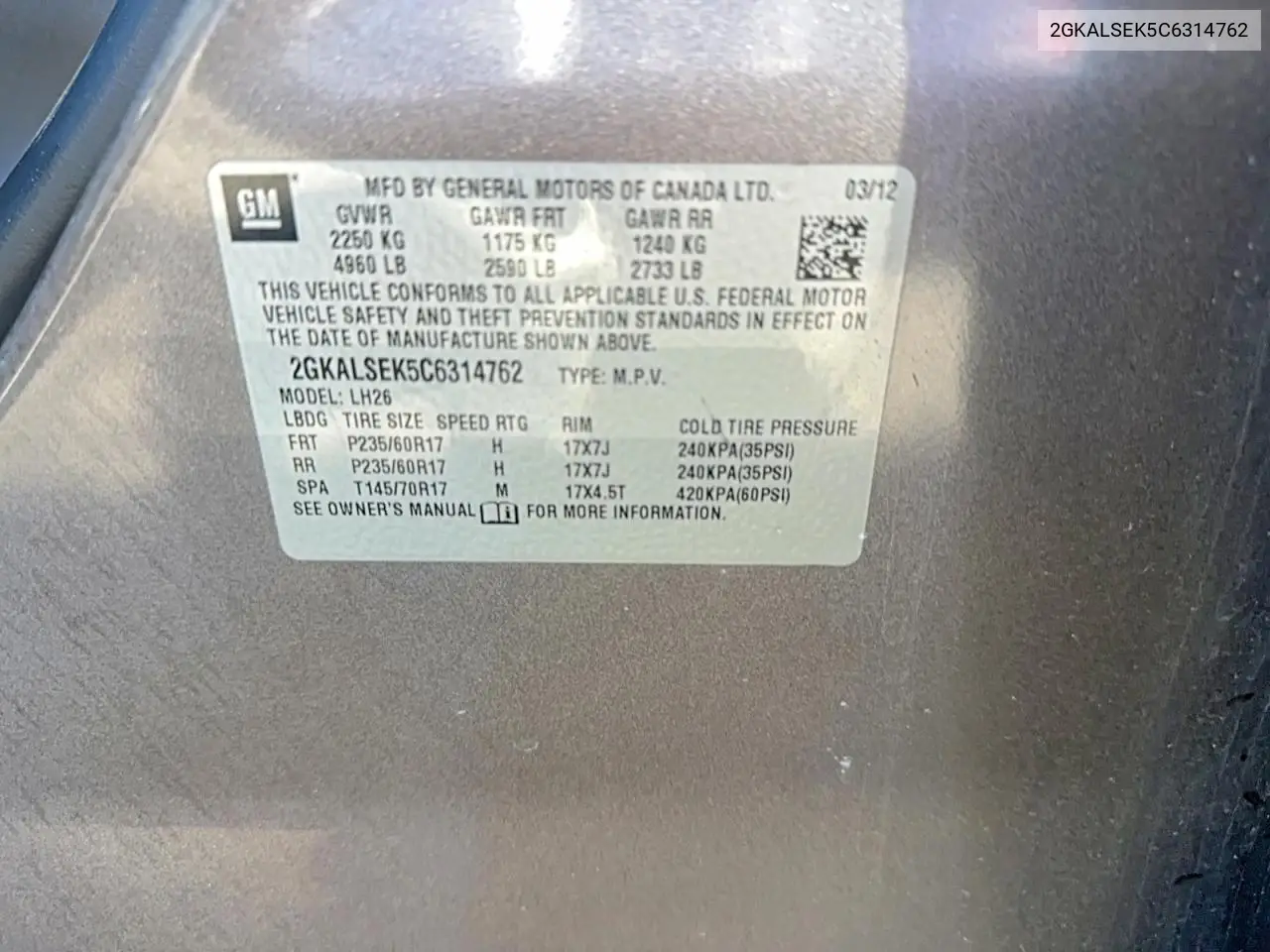 2GKALSEK5C6314762 2012 GMC Terrain Sle