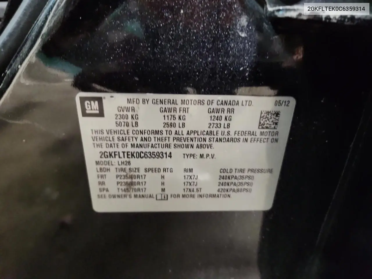 2GKFLTEK0C6359314 2012 GMC Terrain Sle