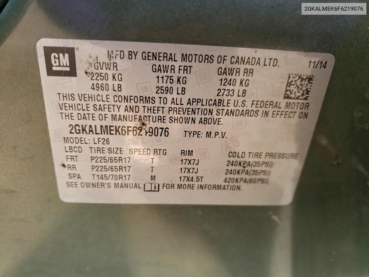 2GKALMEK6F6219076 2015 GMC Terrain Sle