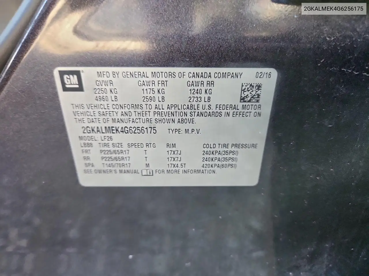 2GKALMEK4G6256175 2016 GMC Terrain Sle