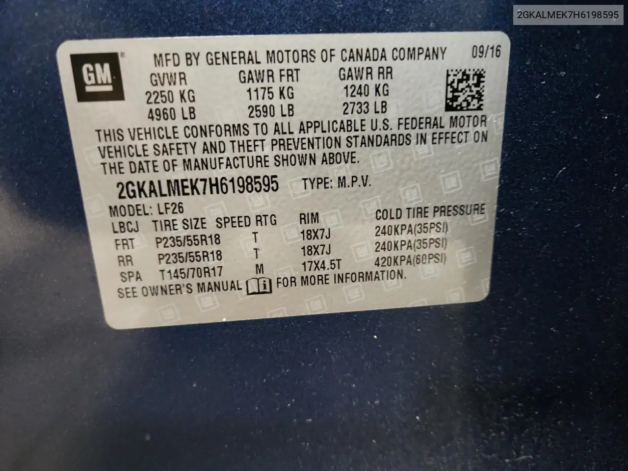 2GKALMEK7H6198595 2017 GMC Terrain Sle