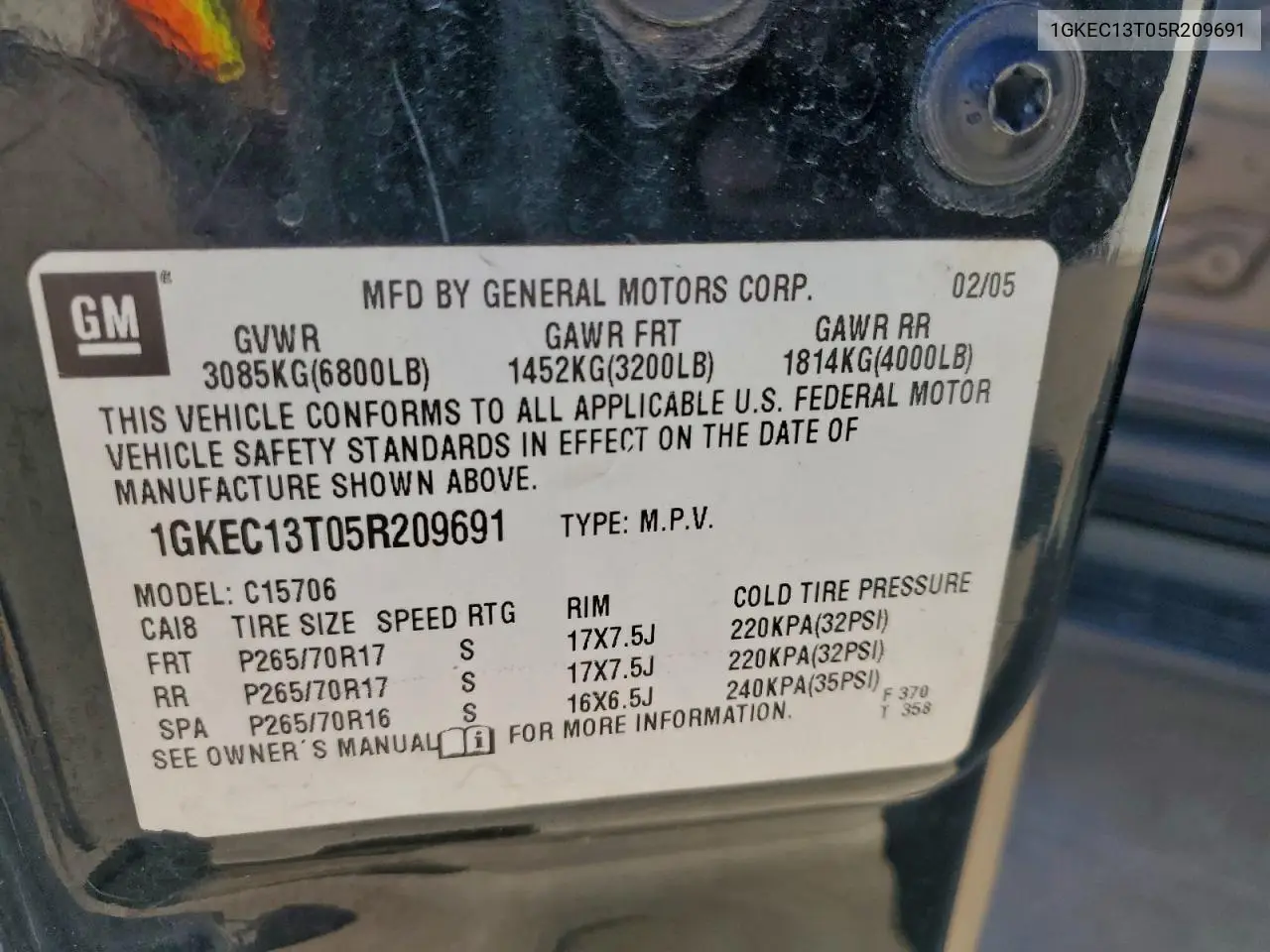 1GKEC13T05R209691 2005 GMC Yukon
