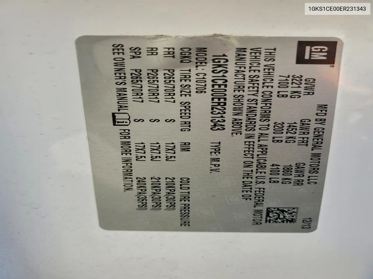1GKS1CE00ER231343 2014 GMC Yukon Slt