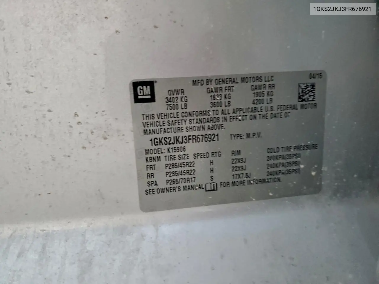 1GKS2JKJ3FR676921 2015 GMC Yukon Xl Denali