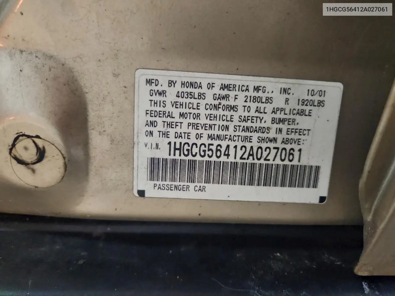 1HGCG56412A027061 2002 Honda Accord Lx