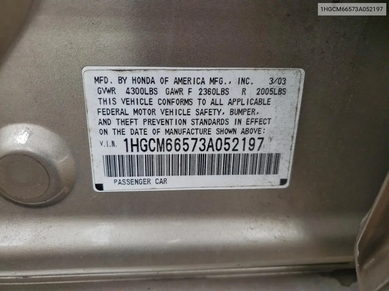 1HGCM66573A052197 2003 Honda Accord Ex