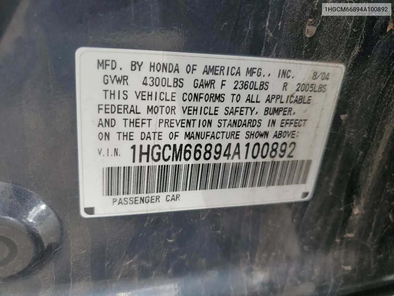 1HGCM66894A100892 2004 Honda Accord Ex